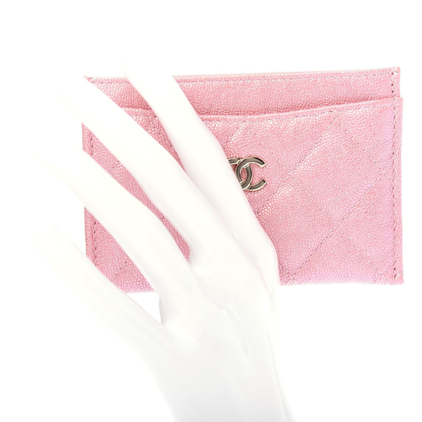 Iridescent Caviar Quilted Card Holder Rose Pink