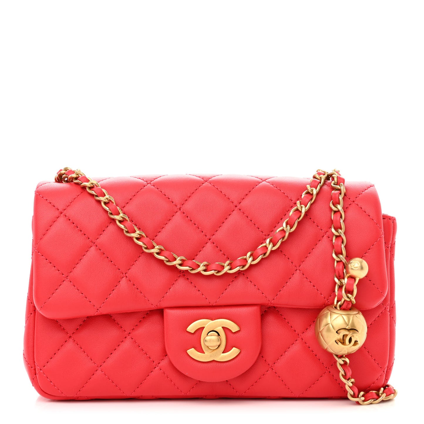 Lambskin Quilted Mini Rectangular Pearl Crush Flap Red