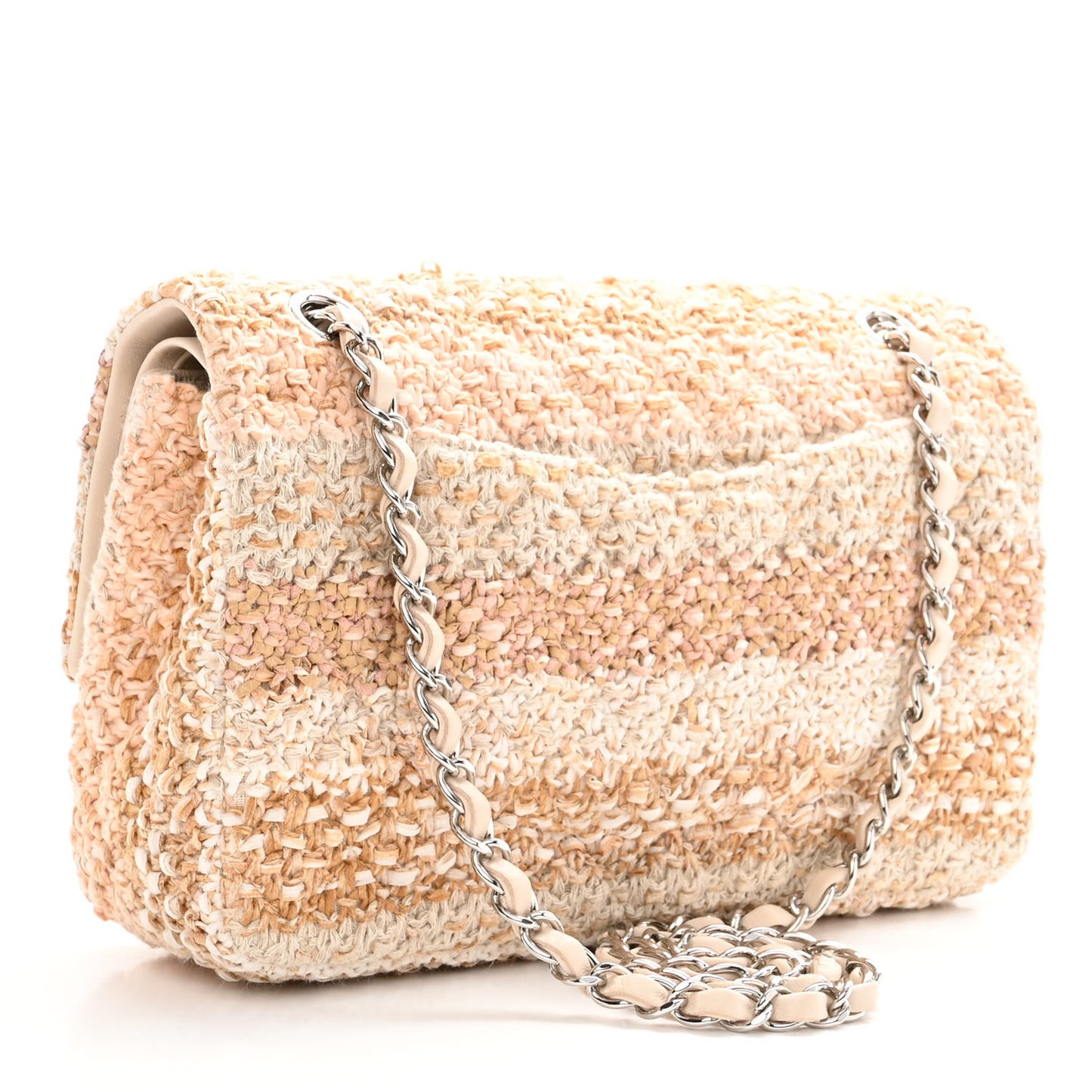 Tweed Quilted Medium Double Flap Beige Ecru Pink