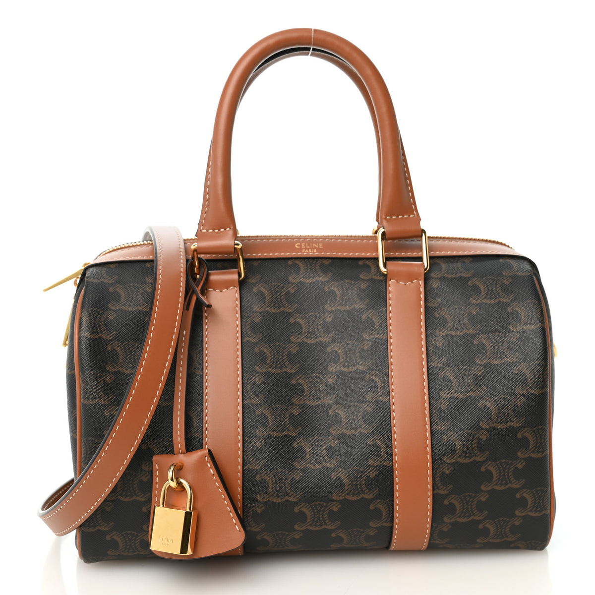 Triomphe Canvas Calfskin Medium Boston Bag Tan
