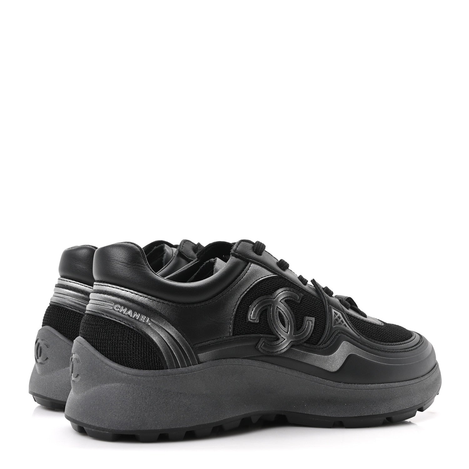 Chanel Mesh Calfskin CC Sneakers 37.5 Black Silver 5 of 9