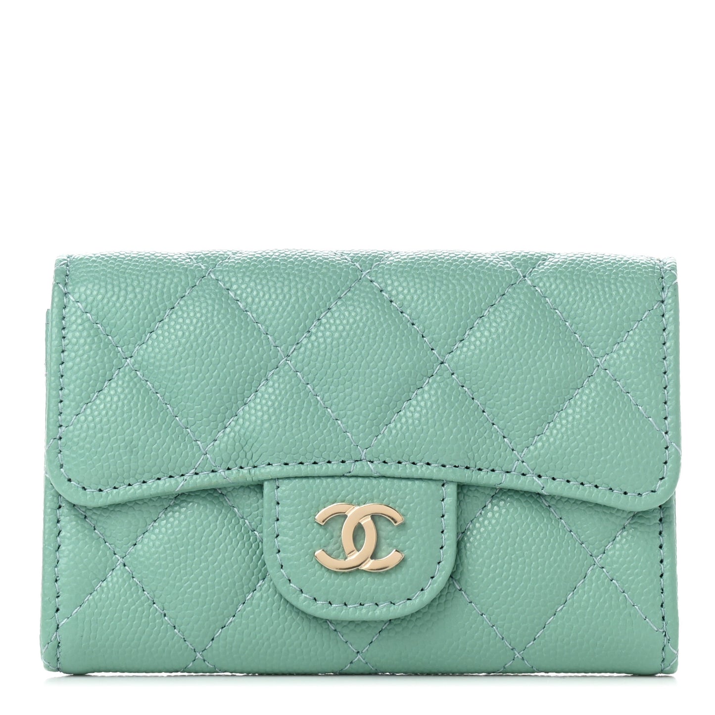 Caviar Quilted Flap Card Holder Wallet Light Green