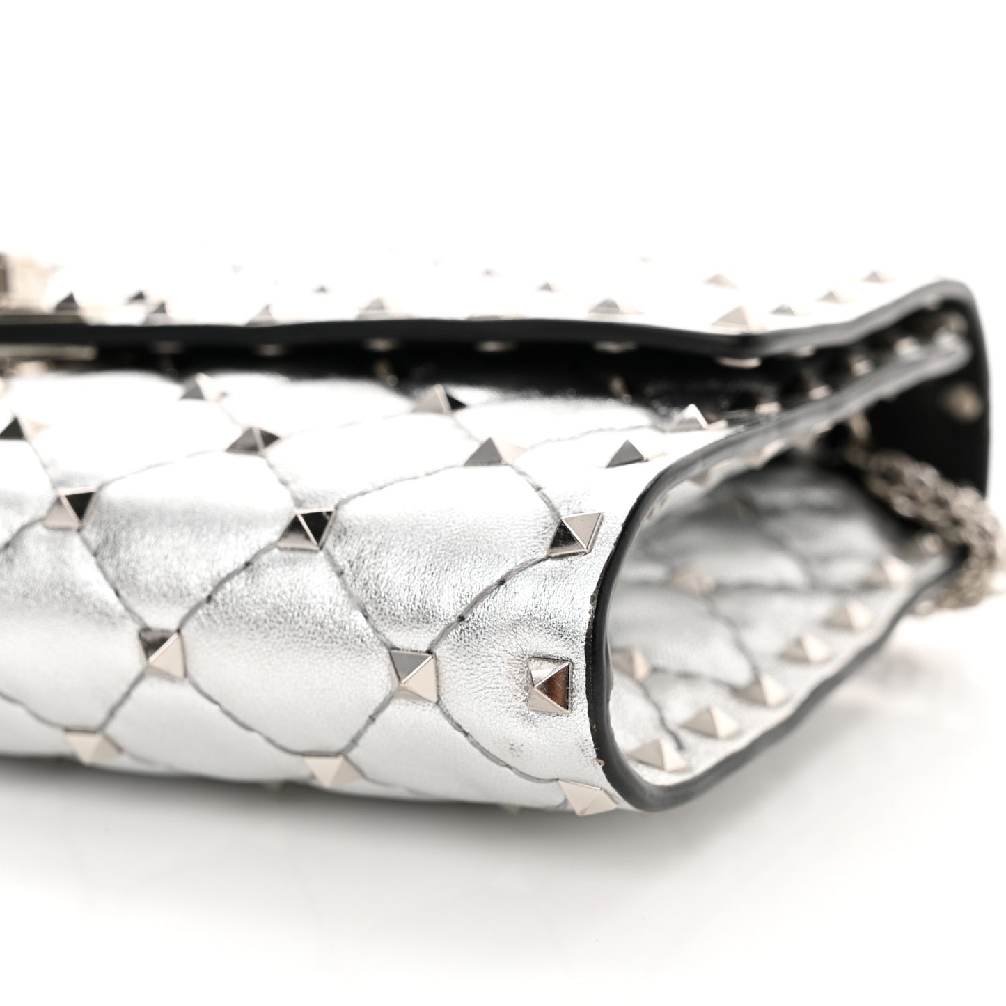Metallic Lambskin Rockstud Spike Wallet on Chain Silver