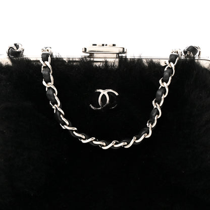 Chanel Shearling Sheepskin Lambskin Quilted Clutch With Chain Black 8 of 10