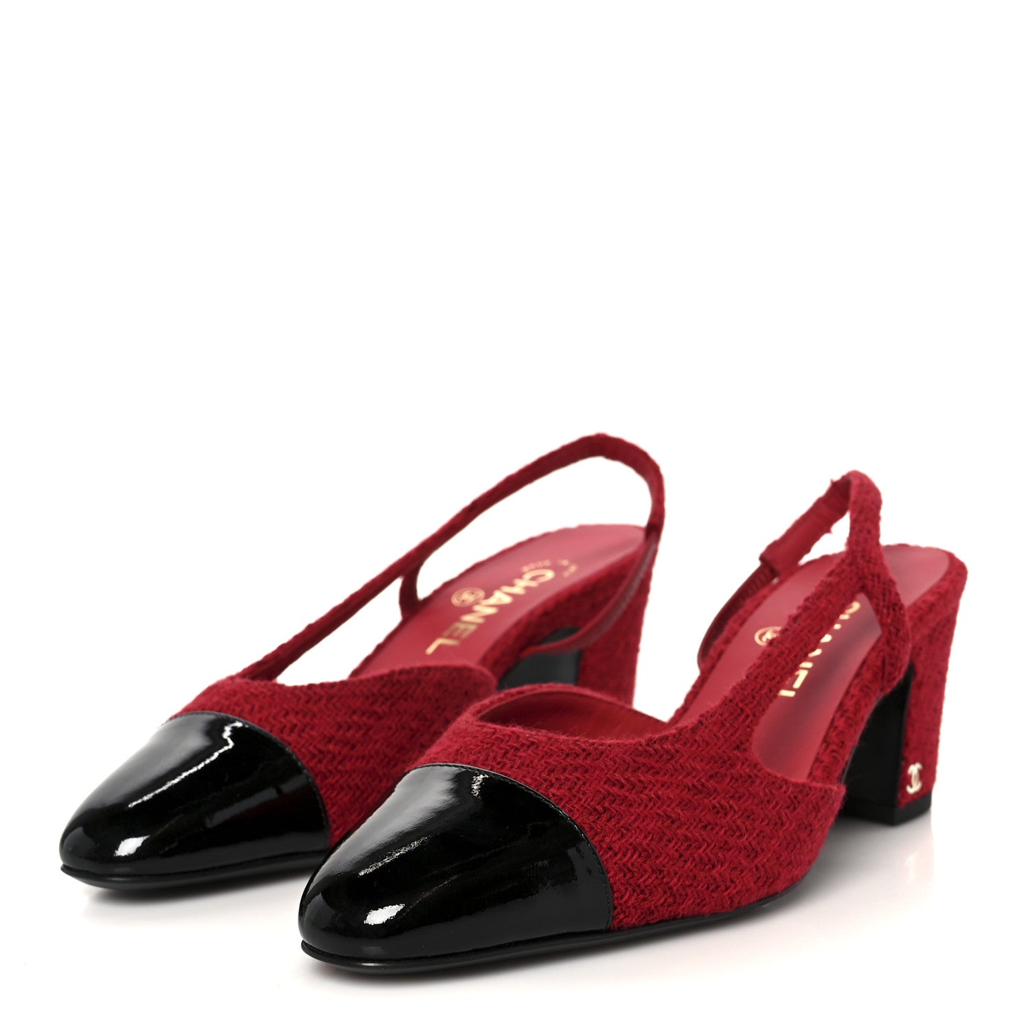 Chanel Tweed Patent Cap Toe CC Slingback Pumps 38.5 Red Black 4 of 10