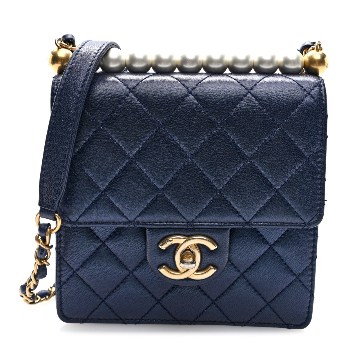 Iridescent Lambskin Quilted Chic Pearls Flap Navy Blue