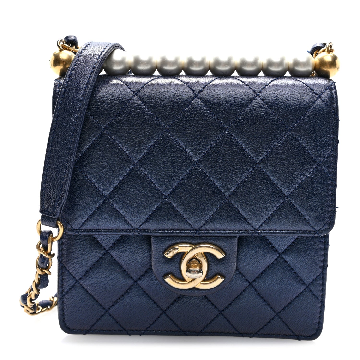Chanel Iridescent Lambskin Quilted Chic Pearls Flap Navy Blue 1 of 10
