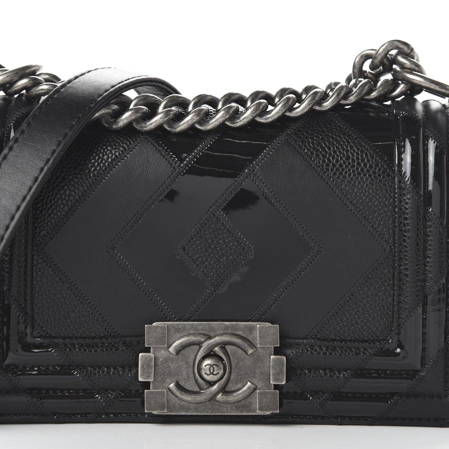 Calfskin Patent Calfskin Caviar Small Boy Flap Black