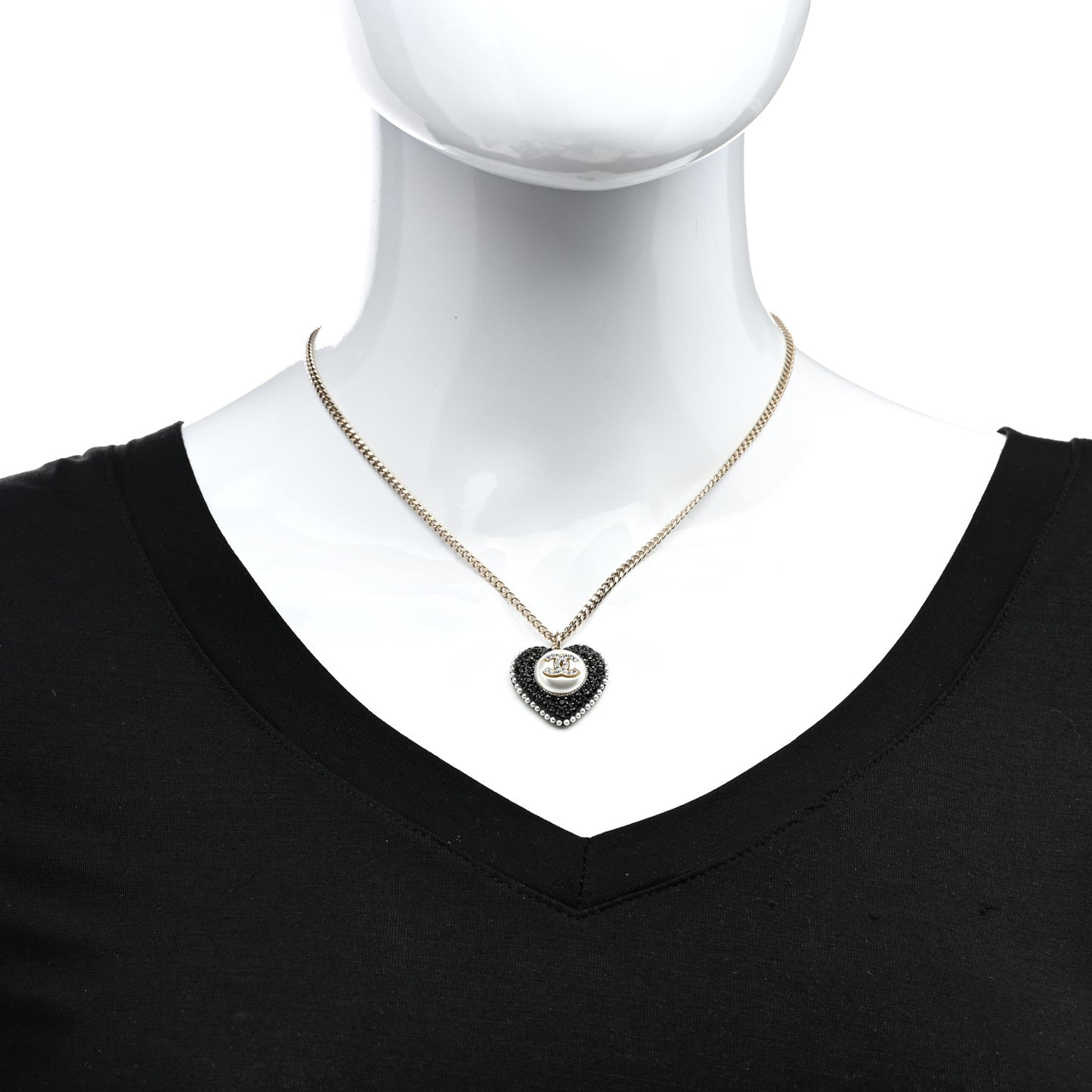 Pearl Crystal CC Heart Necklace Gold Pearly White Black