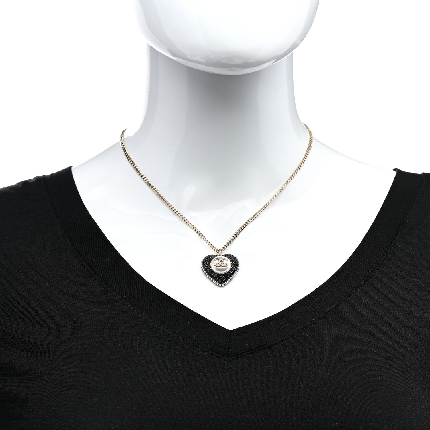 Chanel Pearl Crystal CC Heart Necklace Gold Pearly White Black 2 of 5