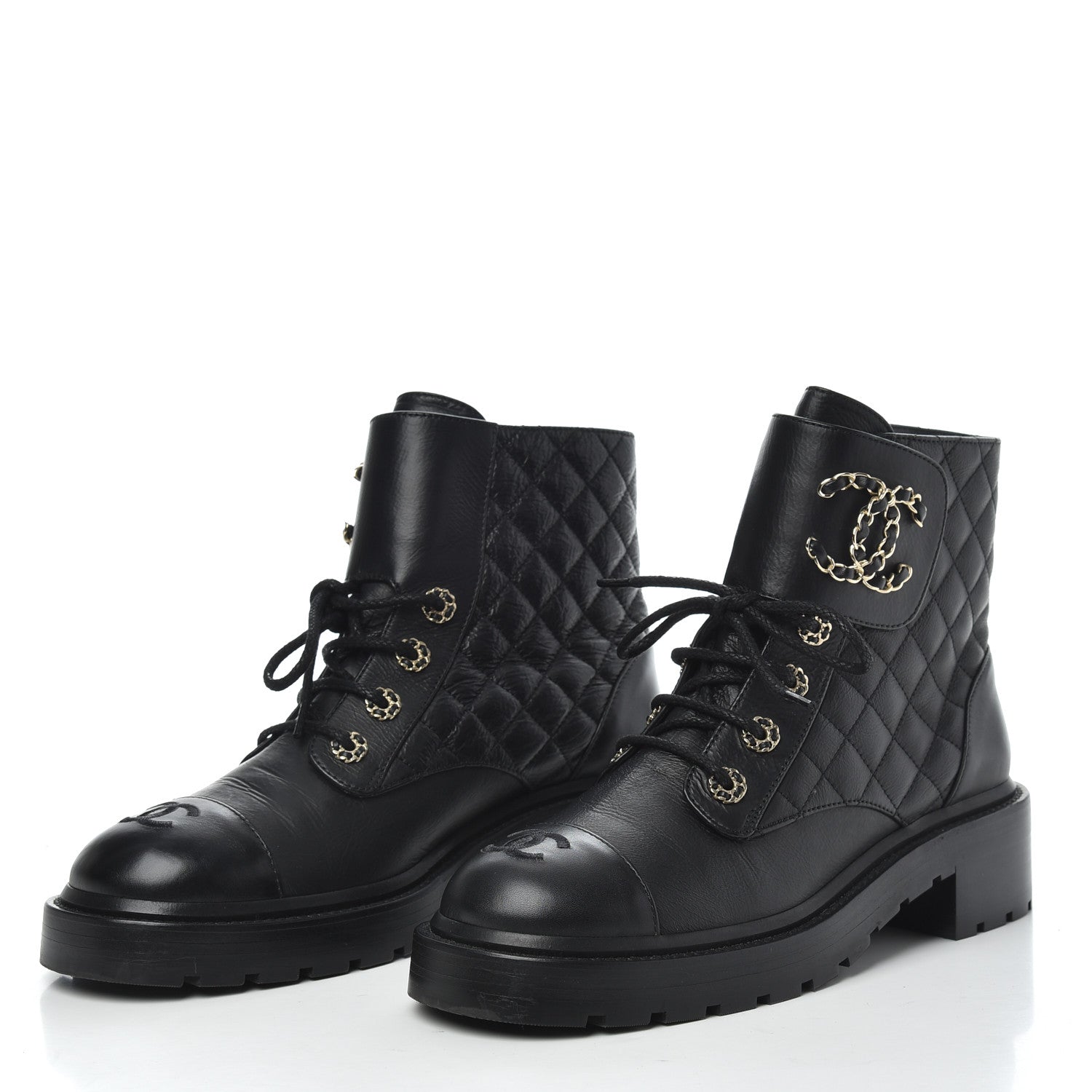 Chanel Shiny Goatskin Calfskin Quilted Lace Up Combat Boots 39 Black 3 of 10