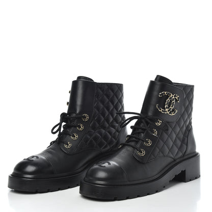 Chanel Shiny Goatskin Calfskin Quilted Lace Up Combat Boots 39 Black 3 of 10