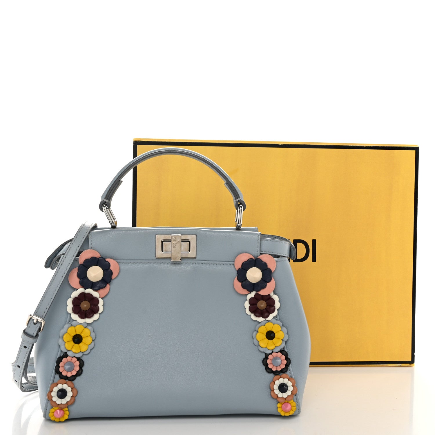 FENDI グレー 花モチーフ ハンドバッグ Fendi Nappa Flowerland Mini Peekaboo Iconic Satchel Light Blue