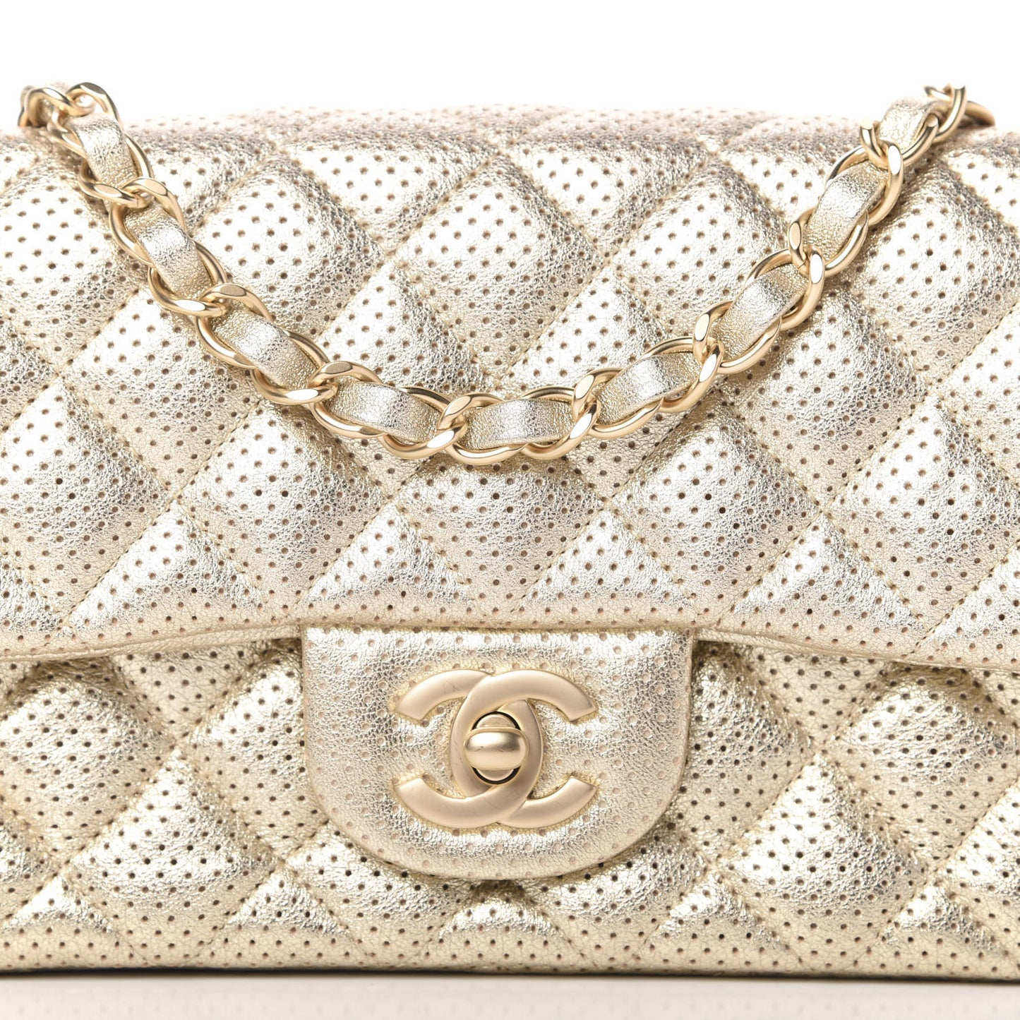 Metallic Lambskin Perforated Mini Rectangular Flap Light Gold