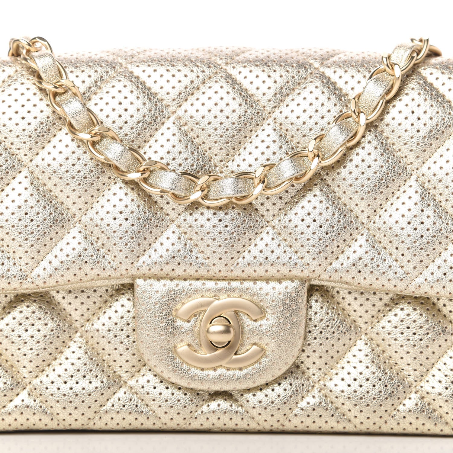 Chanel Metallic Lambskin Perforated Mini Rectangular Flap Light Gold 10 of 10