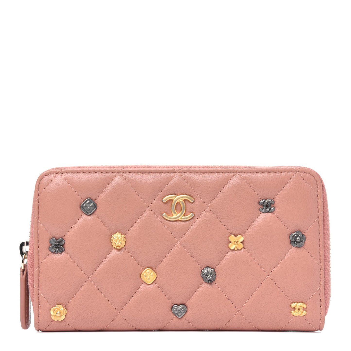 Lambskin Quilted Small Lucky Charms Zip Around Wallet Dark Beige