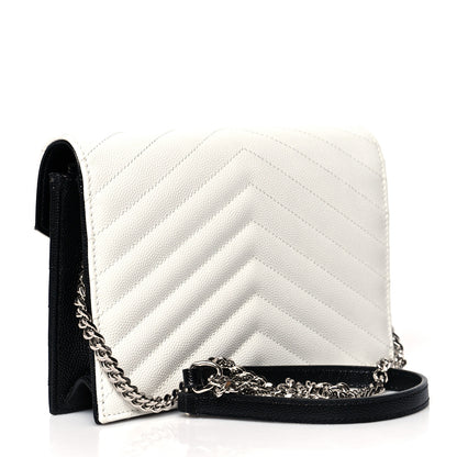 Saint Laurent Grain De Poudre Matelasse Chevron Monogram Envelope Chain Wallet Pearl White Black 3 of 10