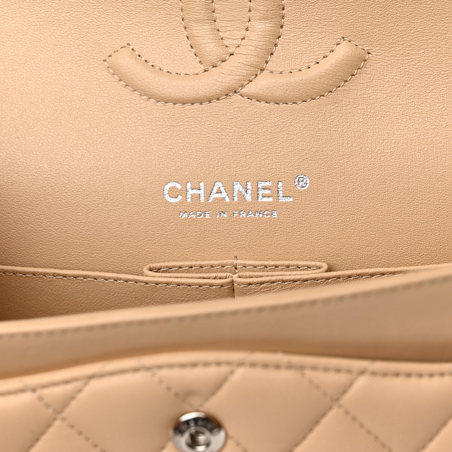 Lambskin Quilted Medium Double Flap Beige