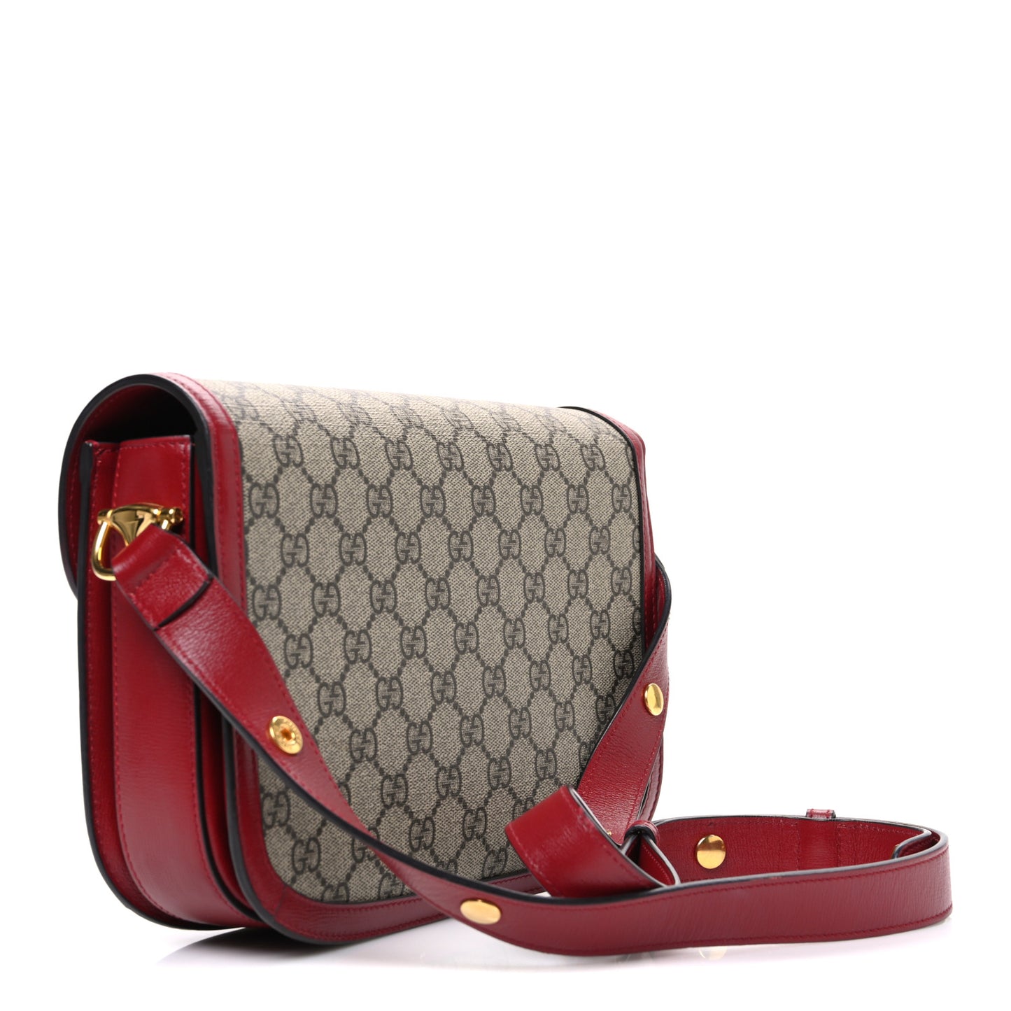 GG Supreme Monogram Azalea Calfskin Horsebit 1955 Shoulder Bag Beige Ebony New Cherry Red