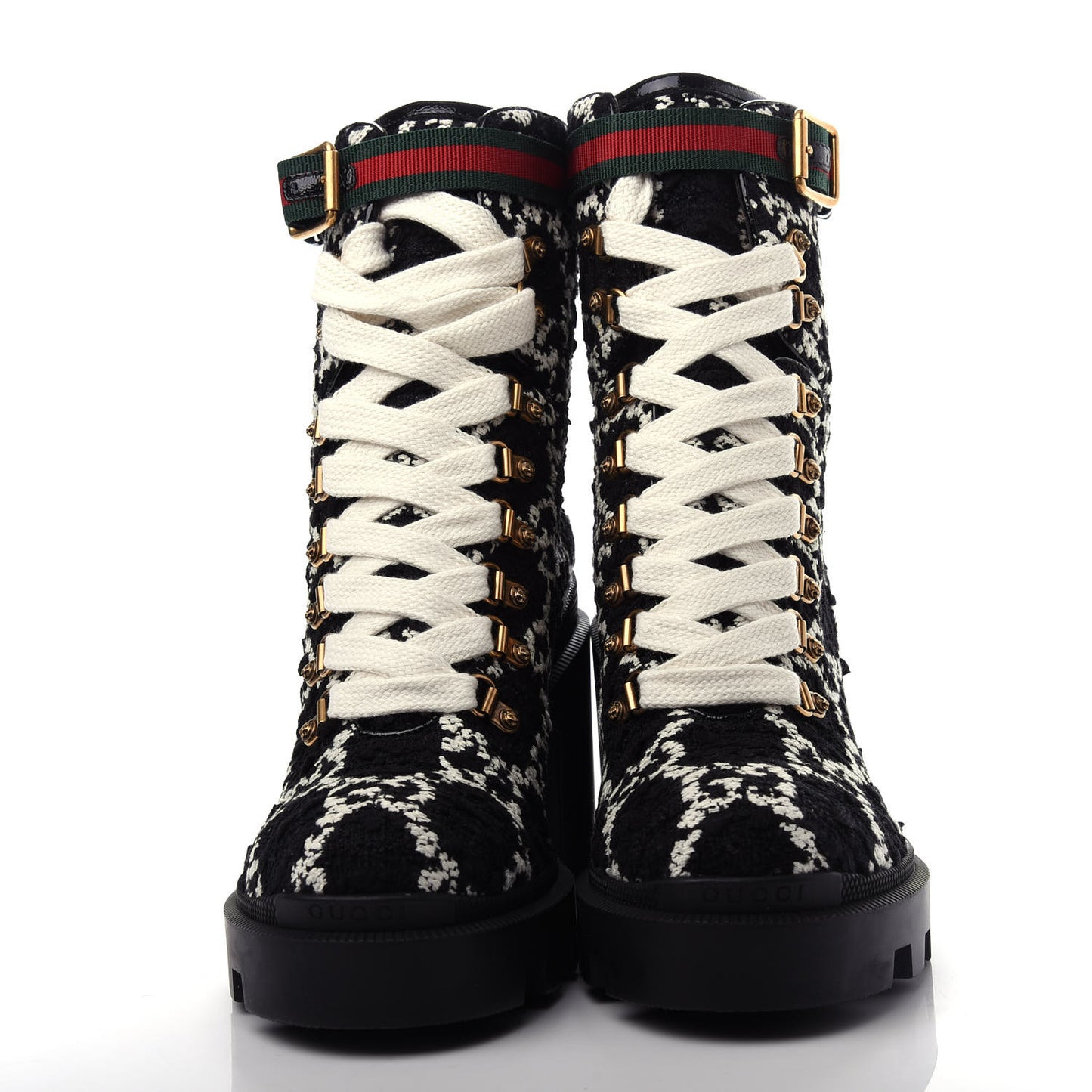 Tweed GG Monogram Lace Up Combat Ankle Boots 39 Black