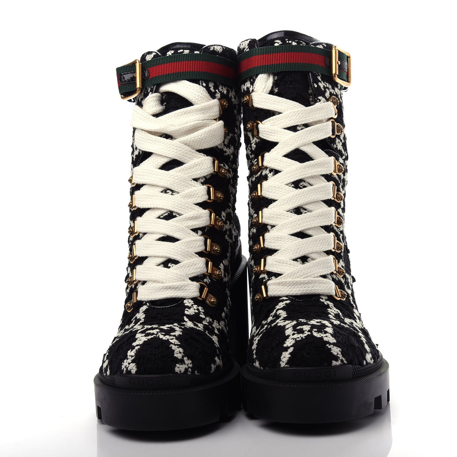 Gucci Tweed GG Monogram Lace Up Combat Ankle Boots 39 Black 5 of 11
