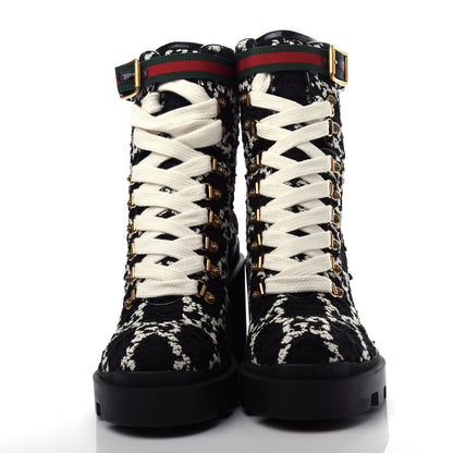 Gucci Tweed GG Monogram Lace Up Combat Ankle Boots 39 Black 5 of 11