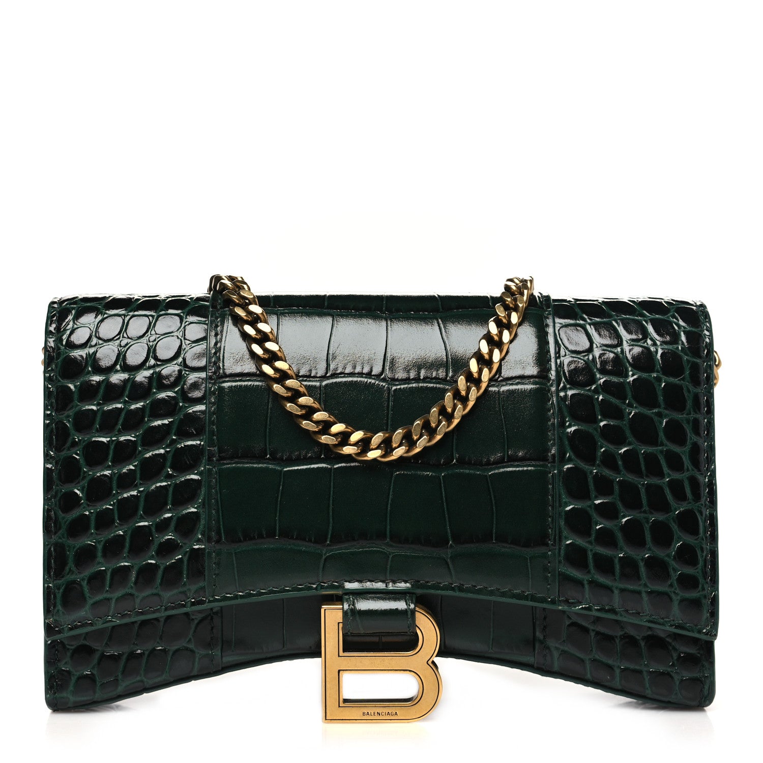Balenciaga Shiny Calfskin Crocodile Embossed Hourglass Chain Bag Forest Green 1 of 9