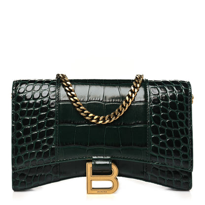Balenciaga Shiny Calfskin Crocodile Embossed Hourglass Chain Bag Forest Green 1 of 9