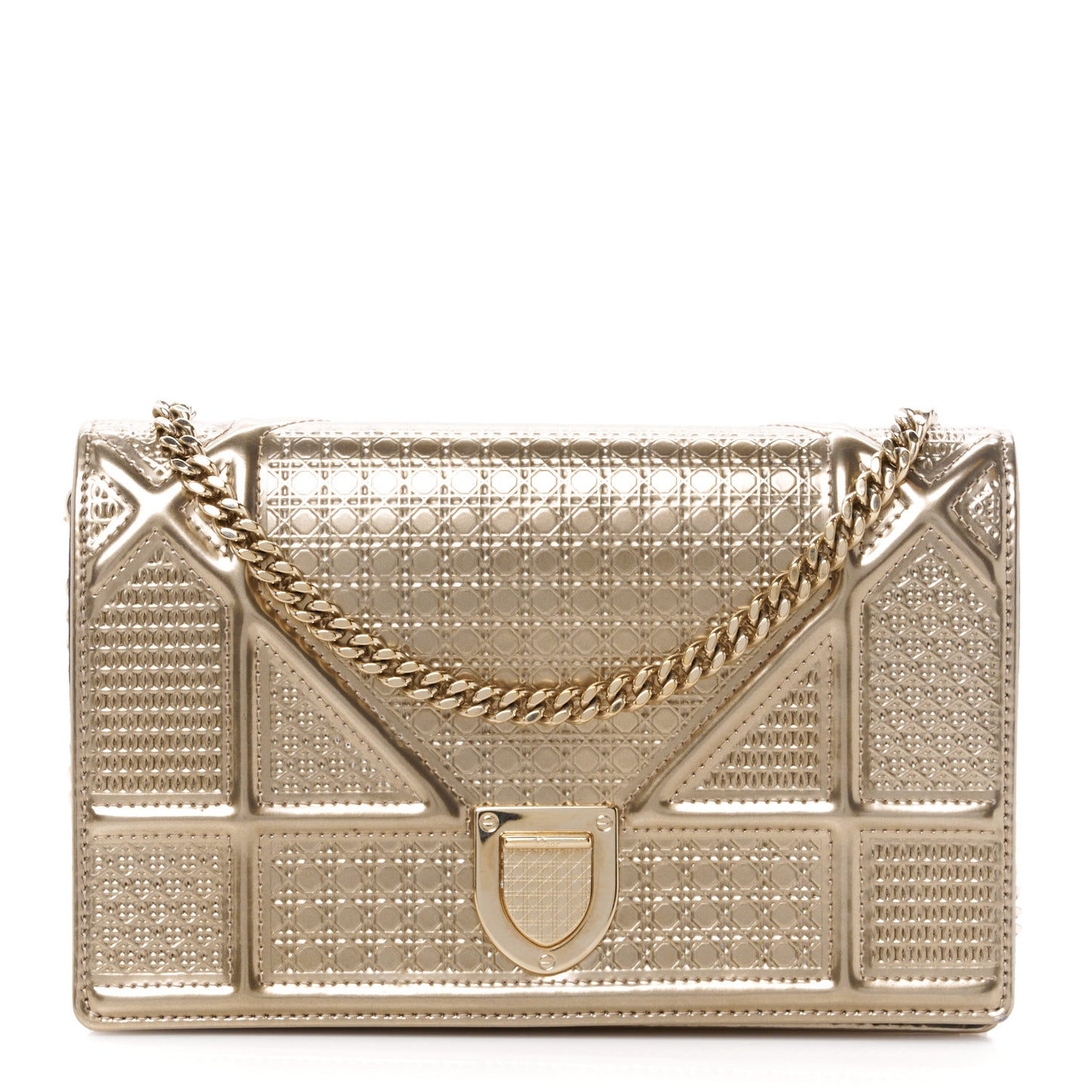 Metallic Patent Micro-Cannage Diorama Wallet on Chain Pouch Gold