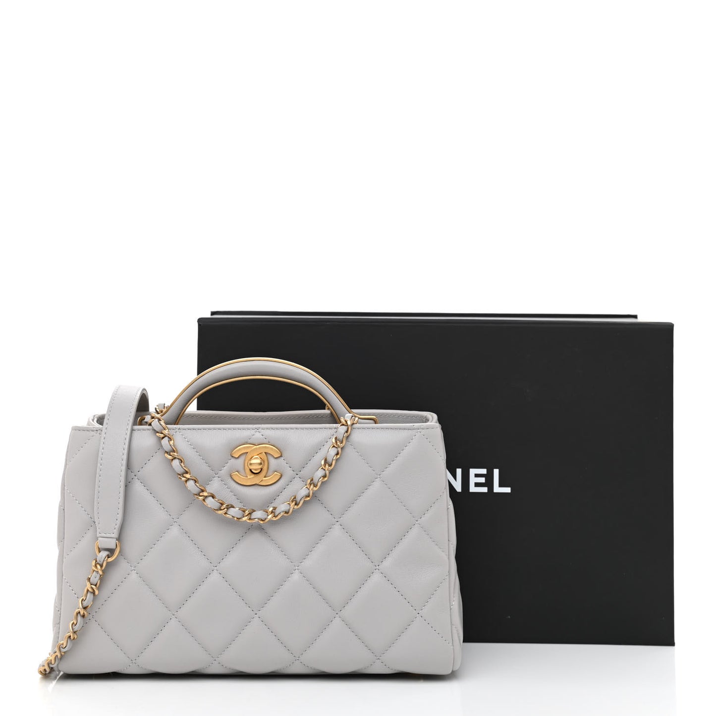 Calfskin Quilted Lady Handle Clutch Tote Grey