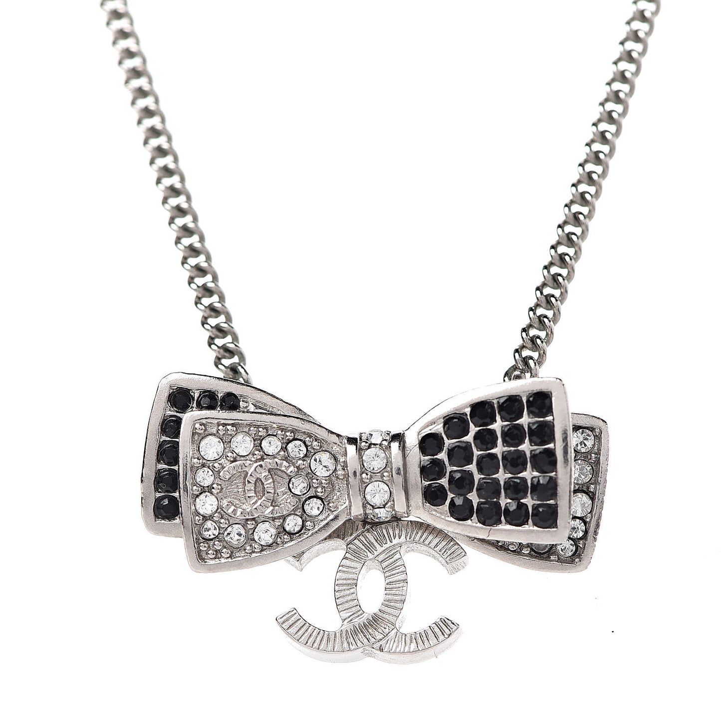 Crystal CC Bow Necklace Silver Black
