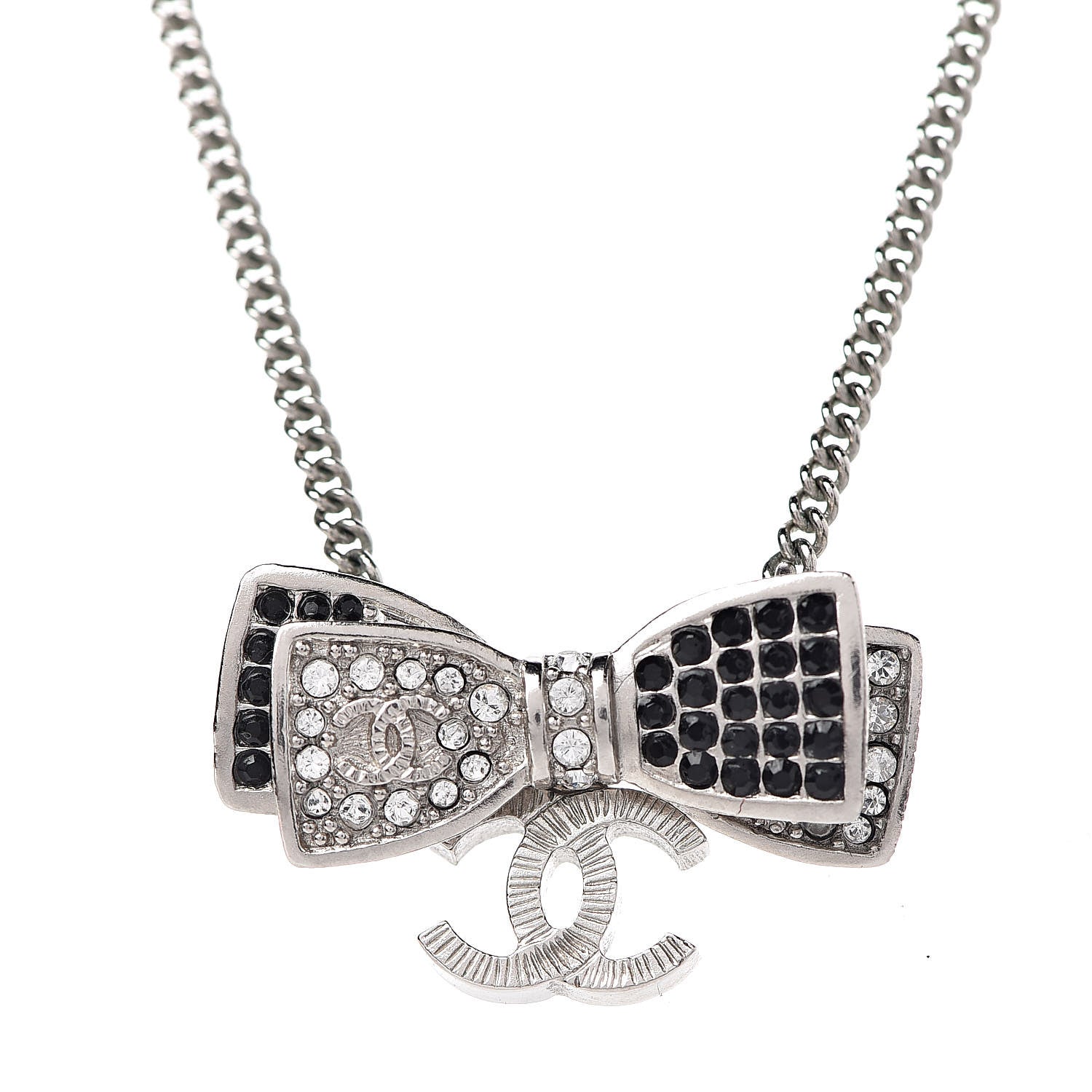 Chanel Crystal CC Bow Necklace Silver Black 4 of 5