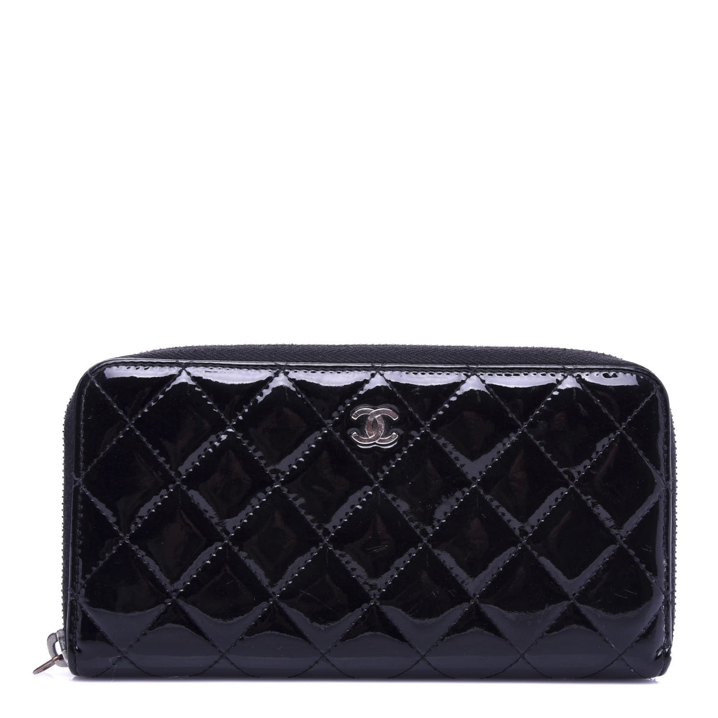 Patent Quilted Zip Around Wallet Black