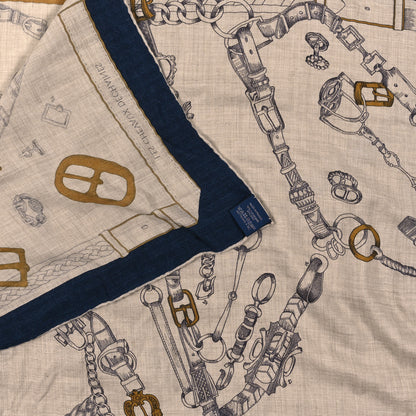 Hermes Cashmere Silk Chevaux Dechaines Shawl 140 Marine Naturel Gris 3 of 3