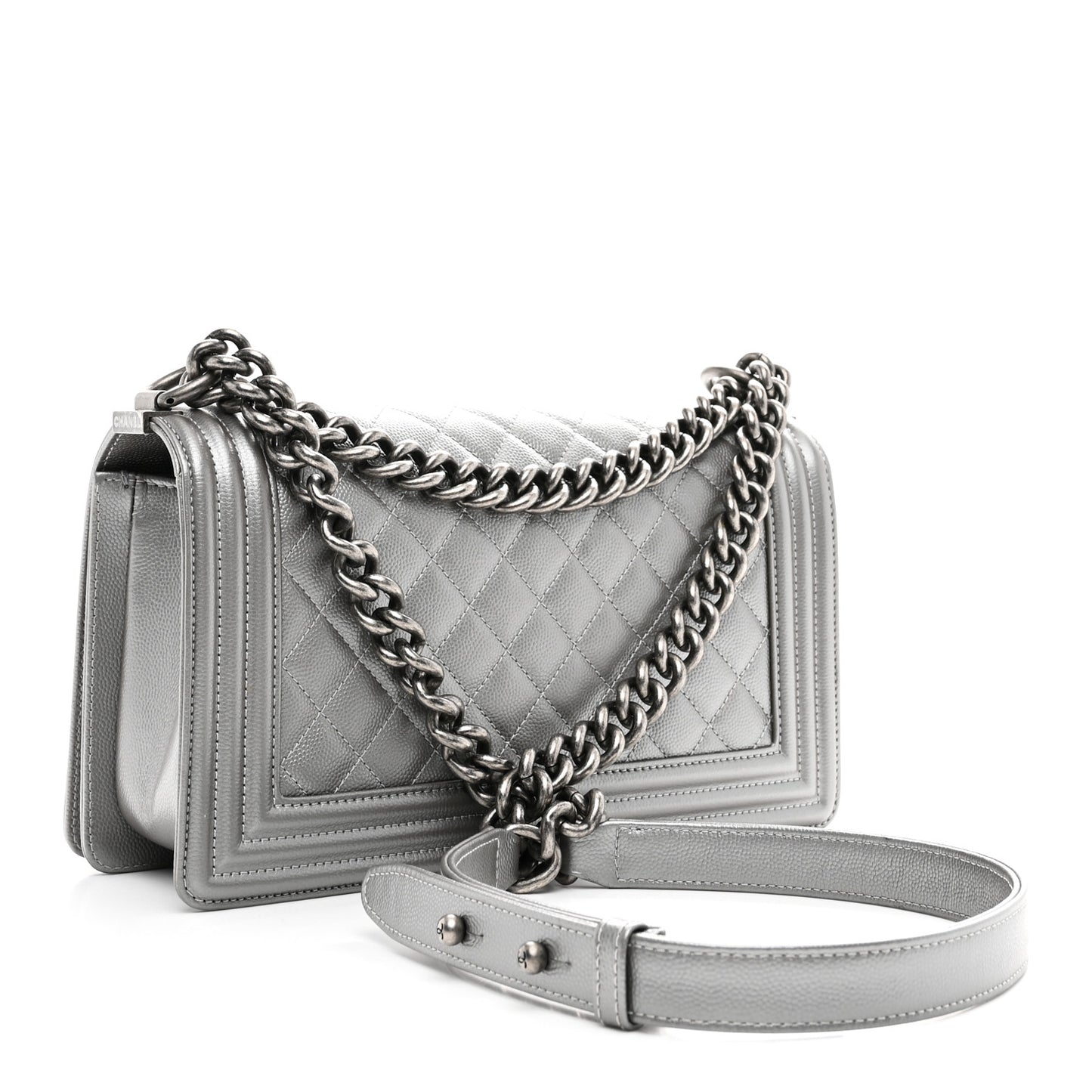 Metallic Caviar Quilted Medium Boy Flap Silver