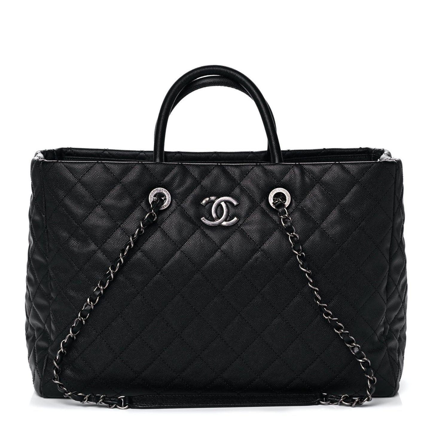 Caviar Quilted Large Coco Handle Shopping Tote Black