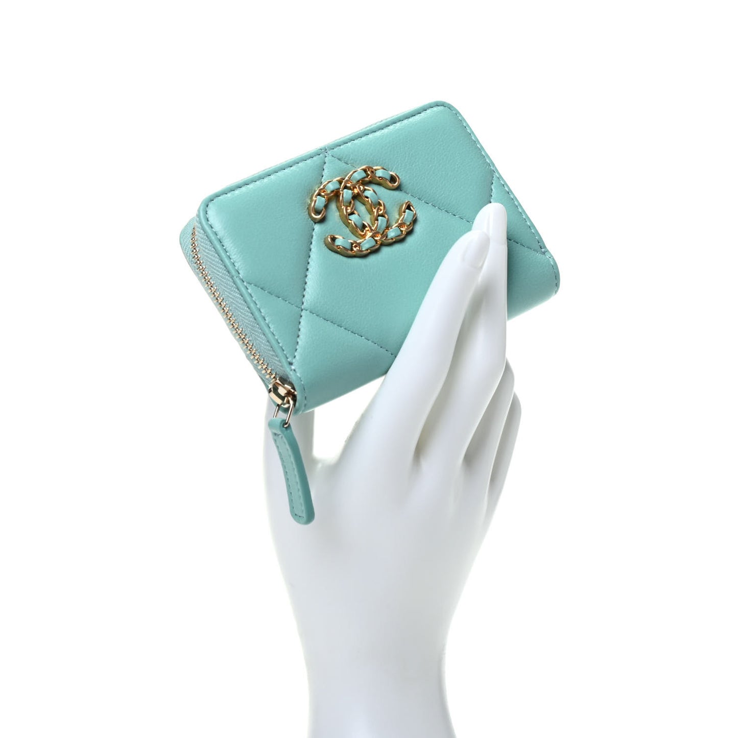 Lambskin Quilted Chanel 19 Zip Around Coin Purse Wallet Light Green