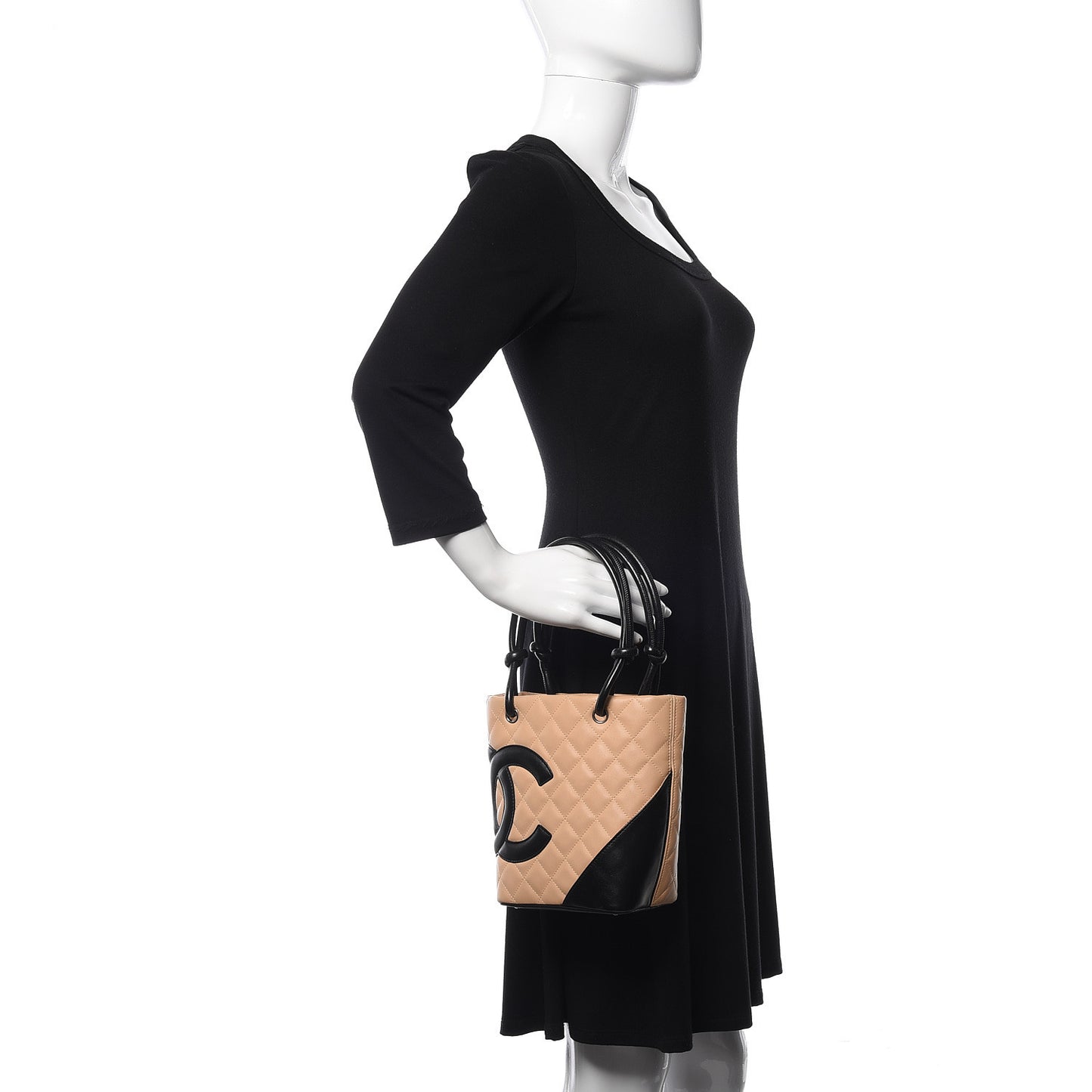 Calfskin Quilted Small Cambon Tote Beige Black