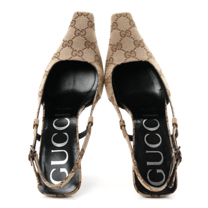 Gucci Monogram Malga Kid Square G 75mm Slingback Pumps 36.5 Beige Ebony New Acero 2 of 9