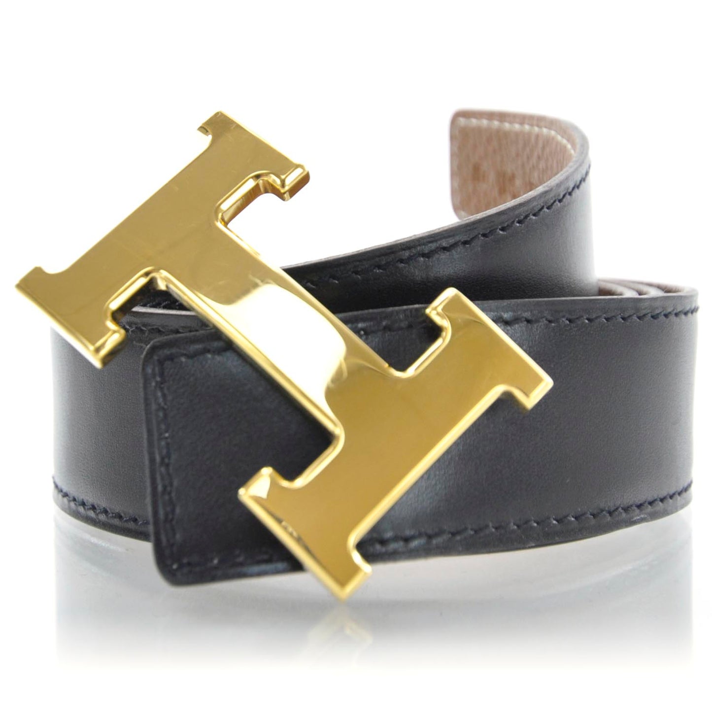 Leather Reversible H Belt 85 Black Gold
