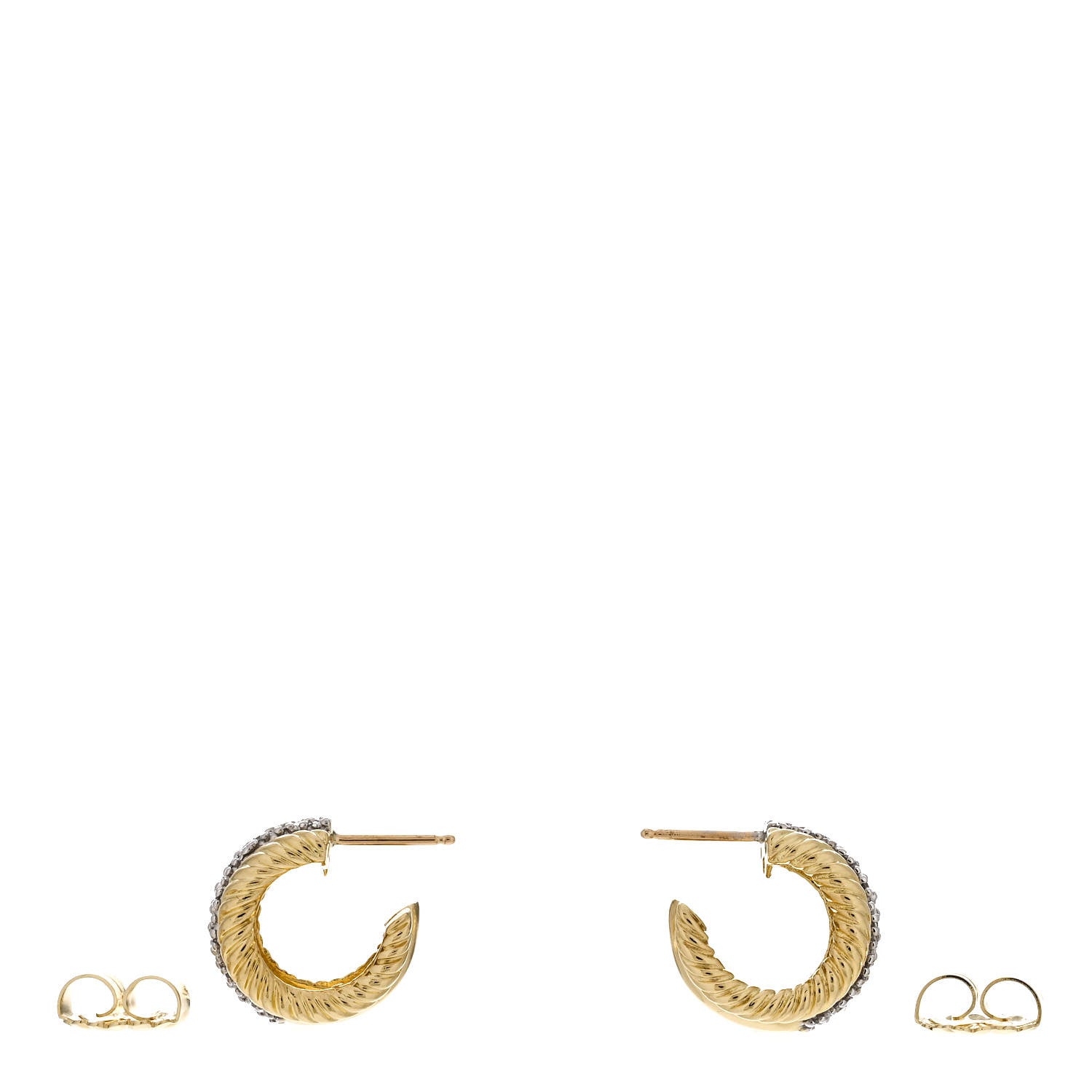 David Yurman 18K Yellow White Gold Diamond Huggie Hoop Earrings 3 of 4