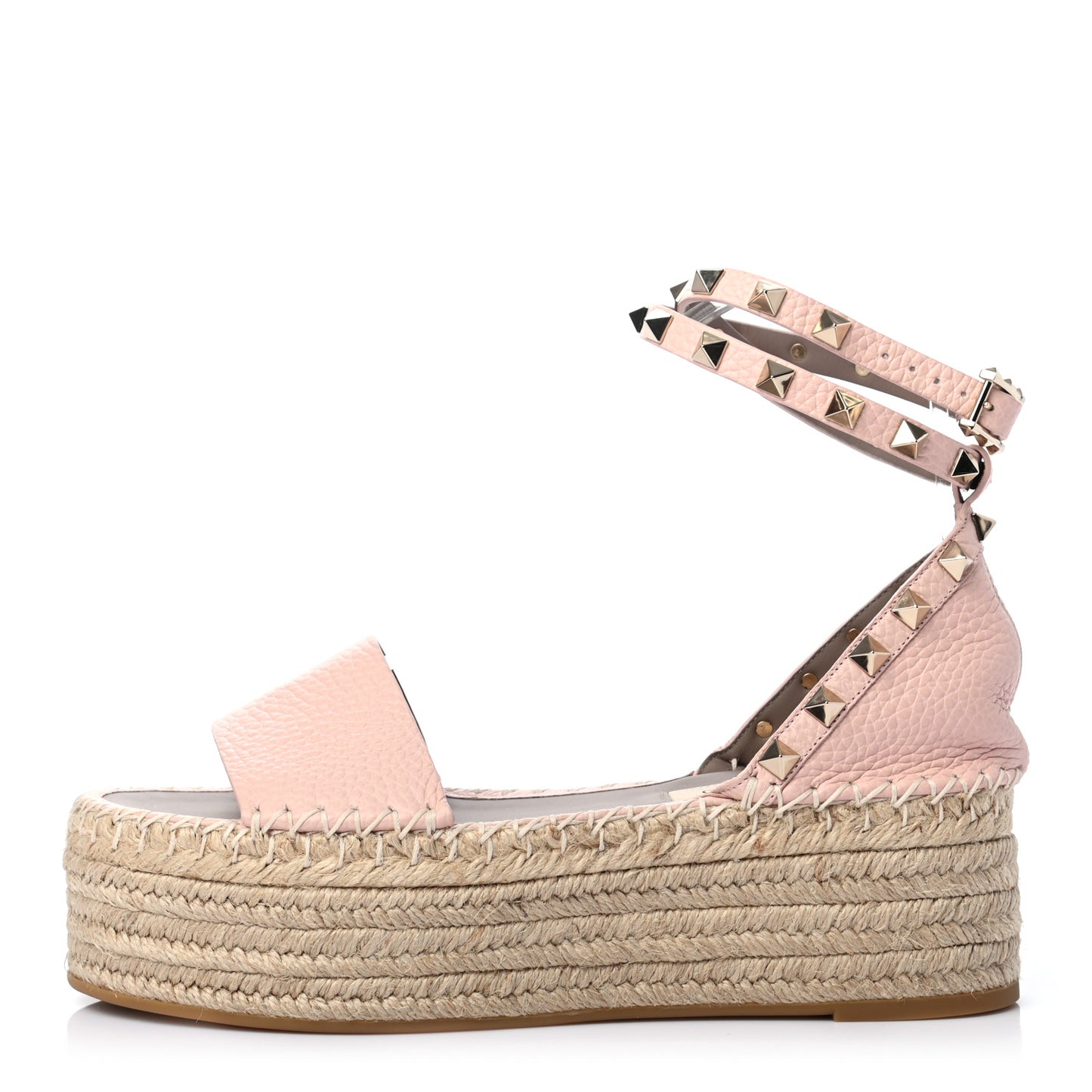 Grained Calfskin Rockstud Ankle Wrap Espadrille Flatform Sandals 36 Rose Quartz