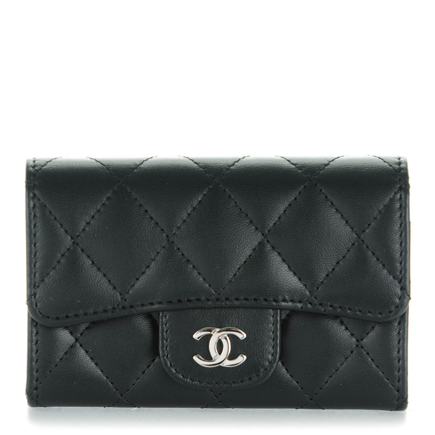 Lambskin Quilted Flap Card Holder Black