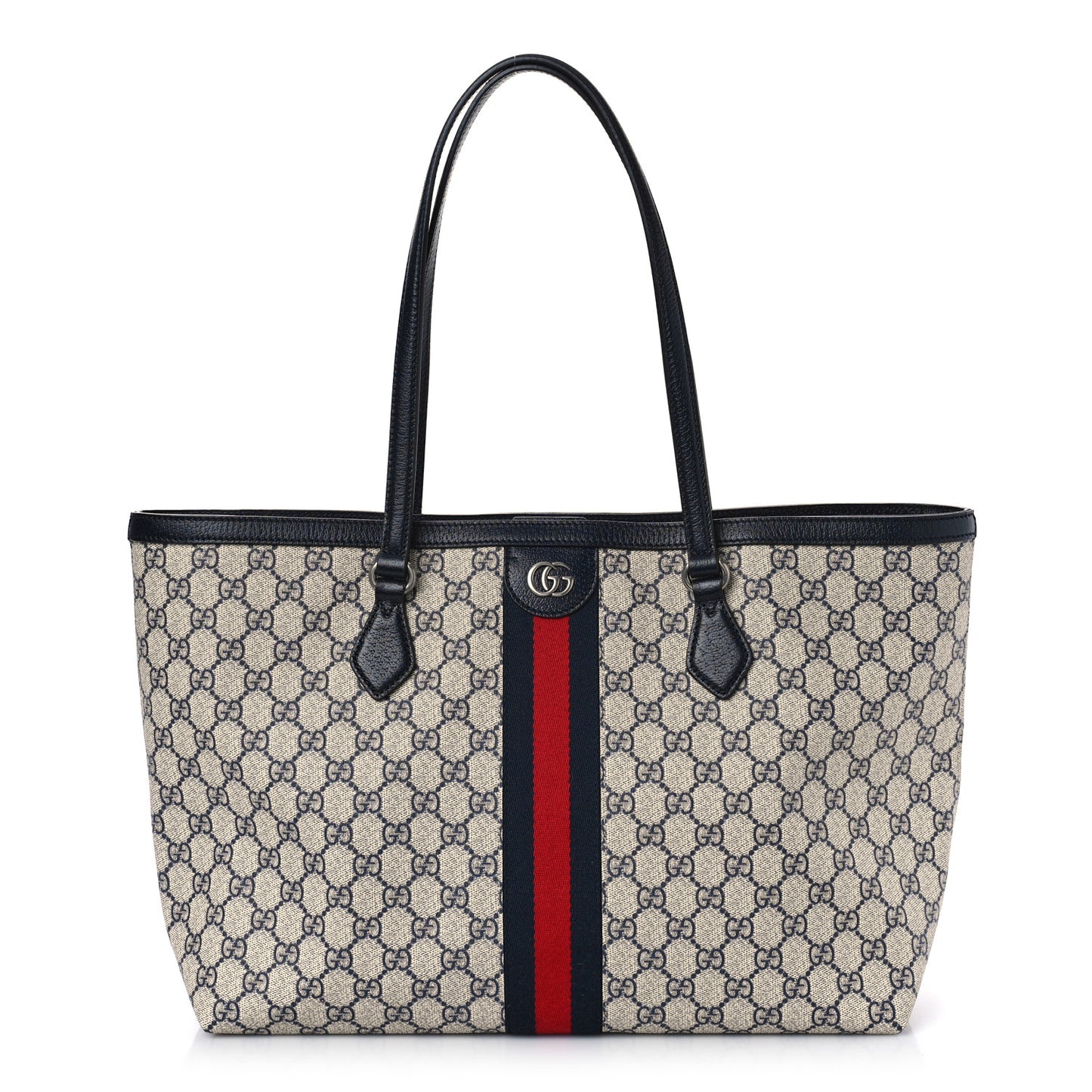 GG Supreme Monogram Textured Calfskin Web Medium Ophidia Shopping Tote Beige Blue