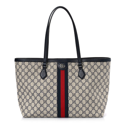 Gucci GG Supreme Monogram Textured Calfskin Web Medium Ophidia Shopping Tote Beige Blue 1 of 9