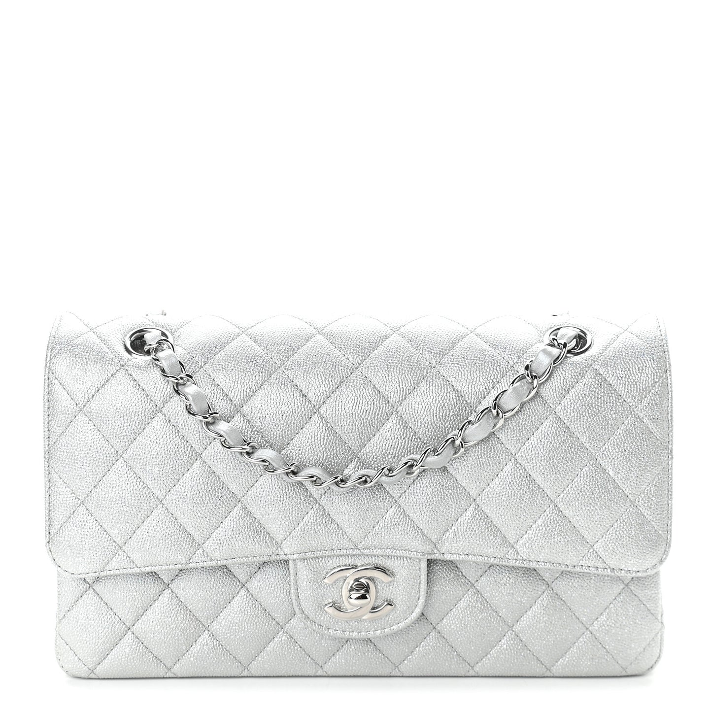 Glittered Metallic Caviar Quilted Medium Double Flap Silver