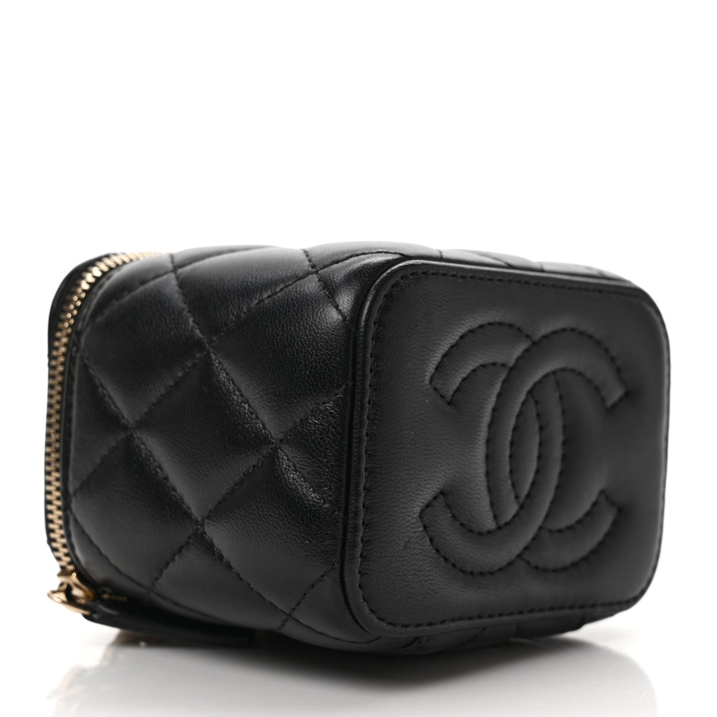 Lambskin Quilted Mini Pearl Crush Vanity Case With Chain Black