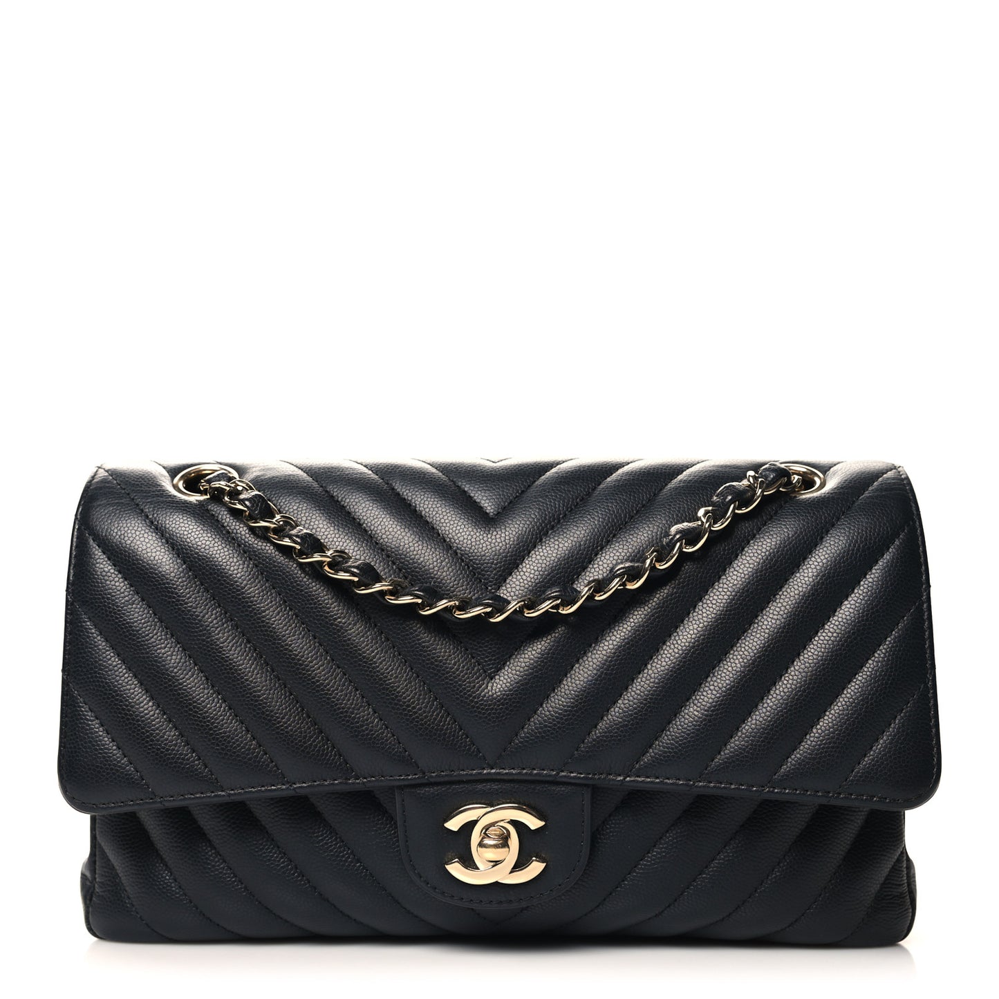 Caviar Chevron Quilted Medium Double Flap Black