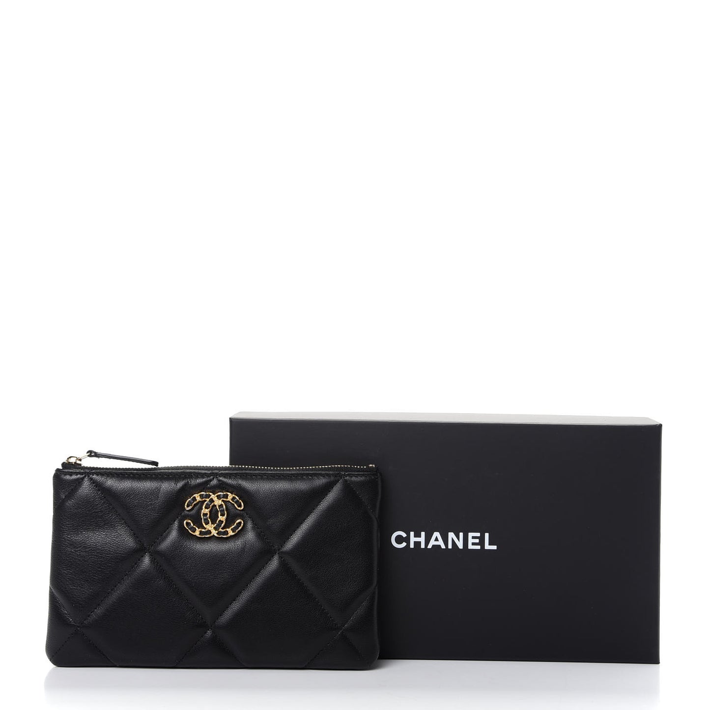 Shiny Goatskin Quilted Small Chanel 19 Pouch Black