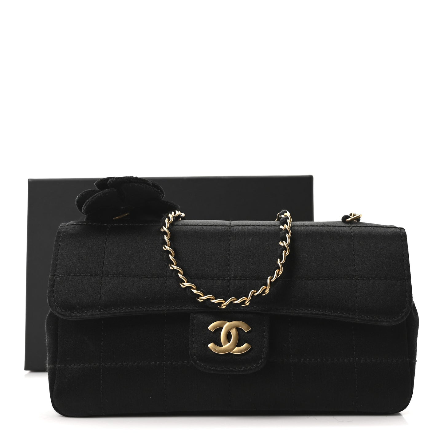 Satin Chocolate Bar Quilted Camellia Rectangular Mini Flap Black